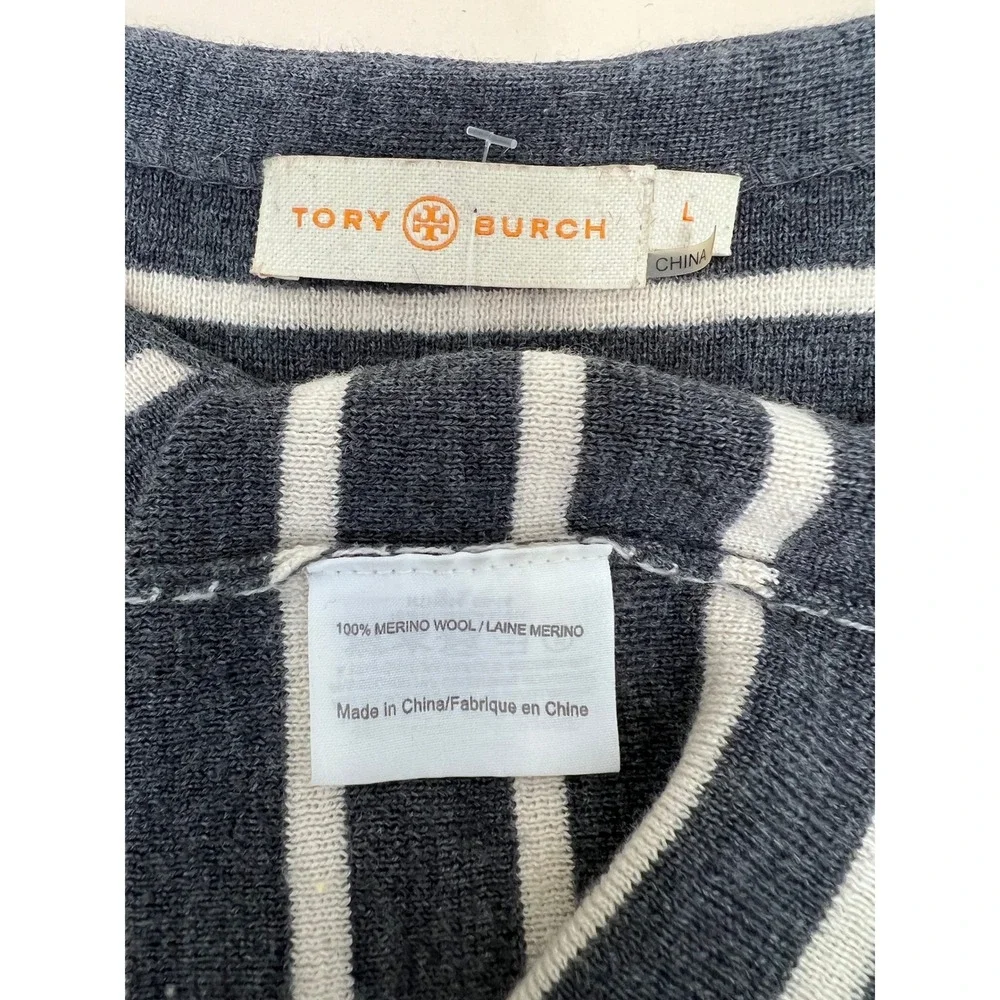 Tory Burch Sweater Large Grey White Excellent Merino Wool Striped Tunic 30143667